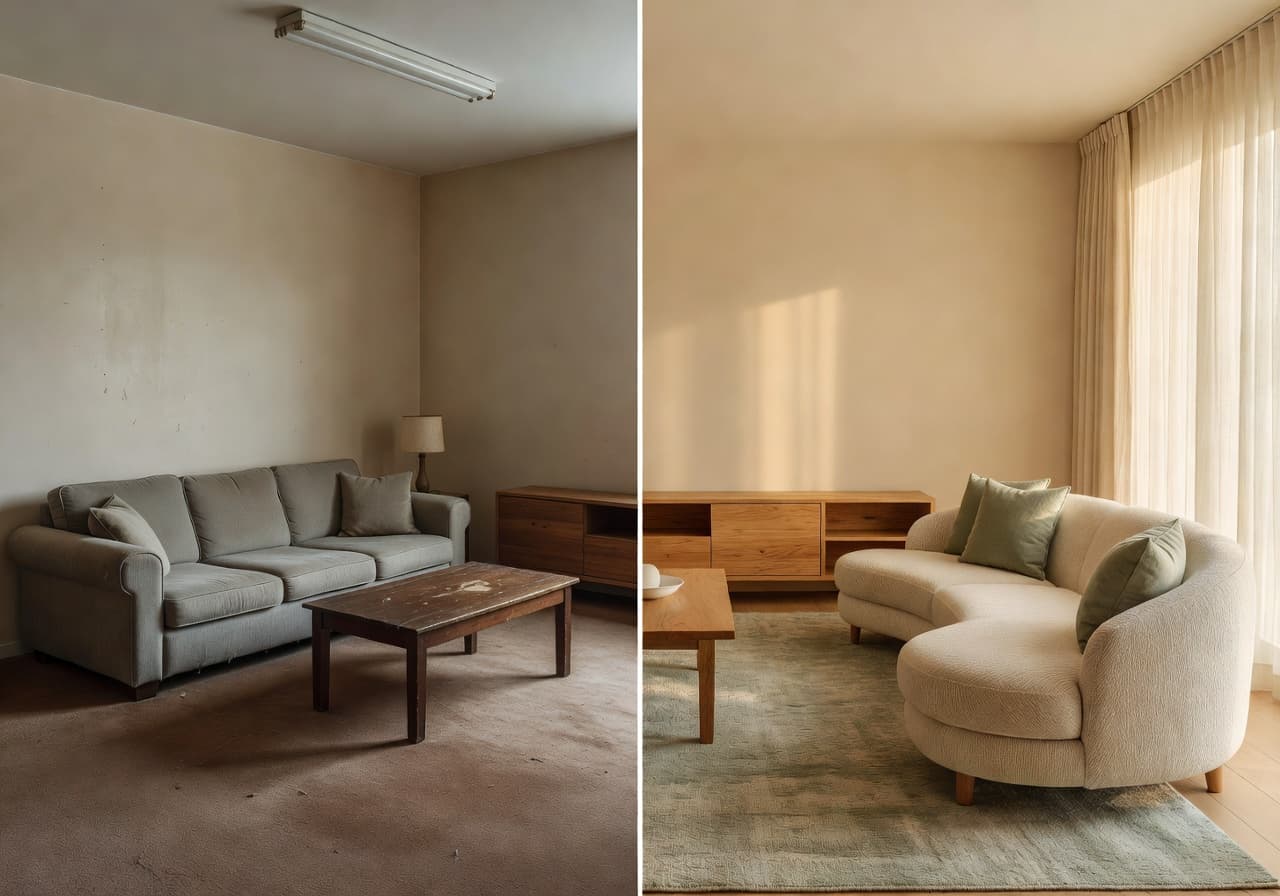 Wohnzimmer mit KI gestalten – warmes modernes Wohndesign mit DecorAI