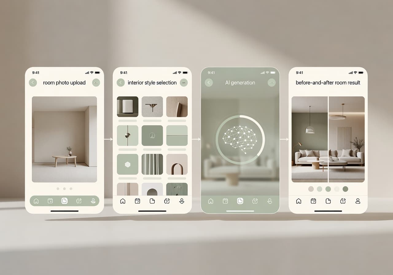 DecorAI App zeigt Zimmerfoto-Upload und KI-Raumdesign-Workflow